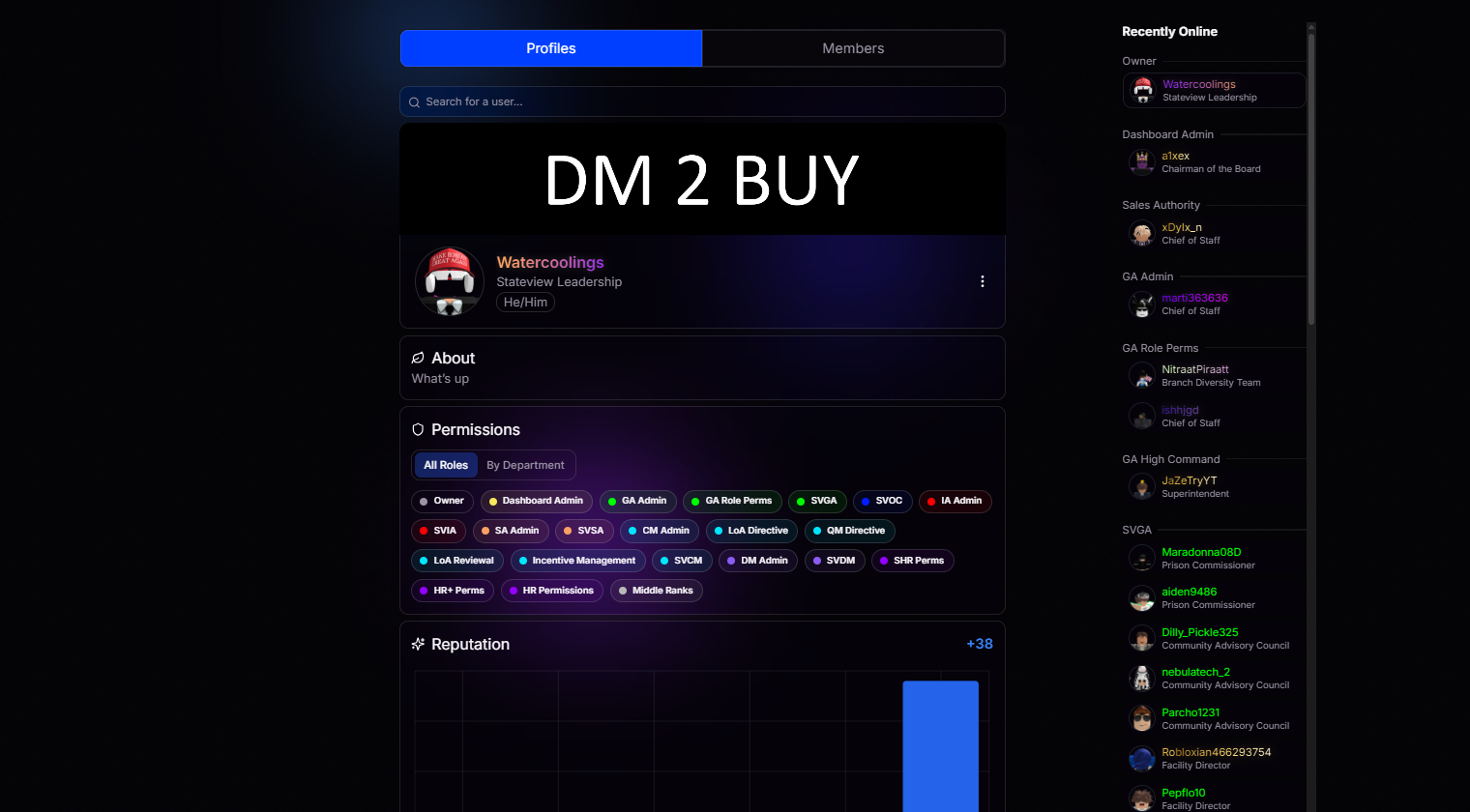 Profiles page showing online users and personal profile