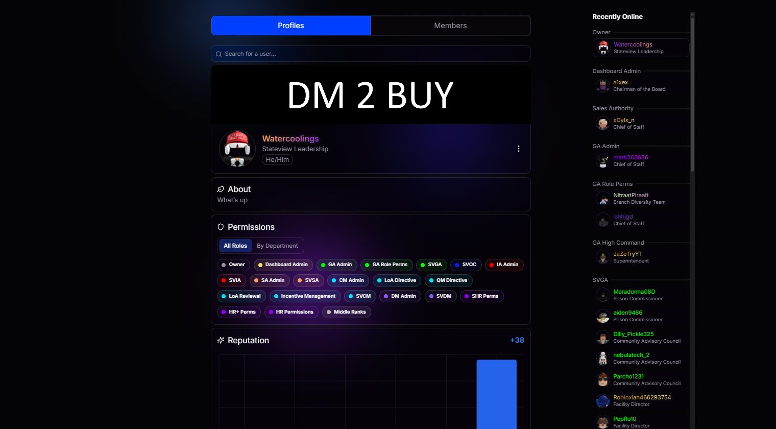 Profiles page showing online users and personal profile