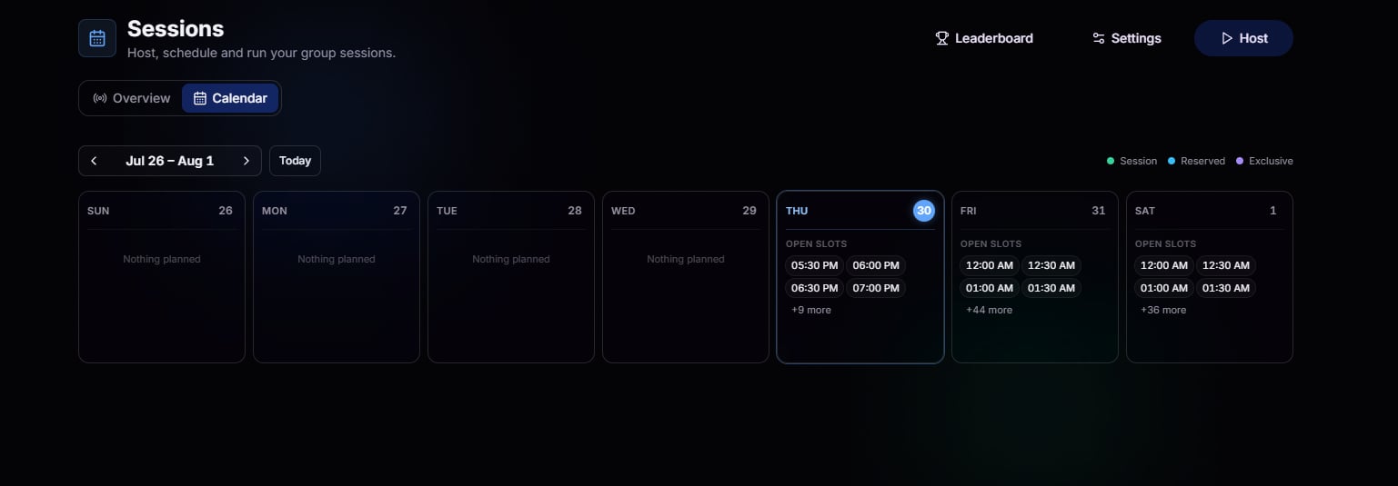 Sessions calendar view