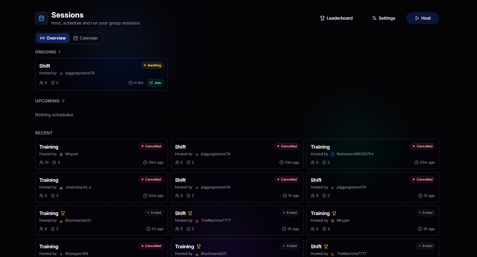 Sessions overview showing ongoing, upcoming, and recent sessions
