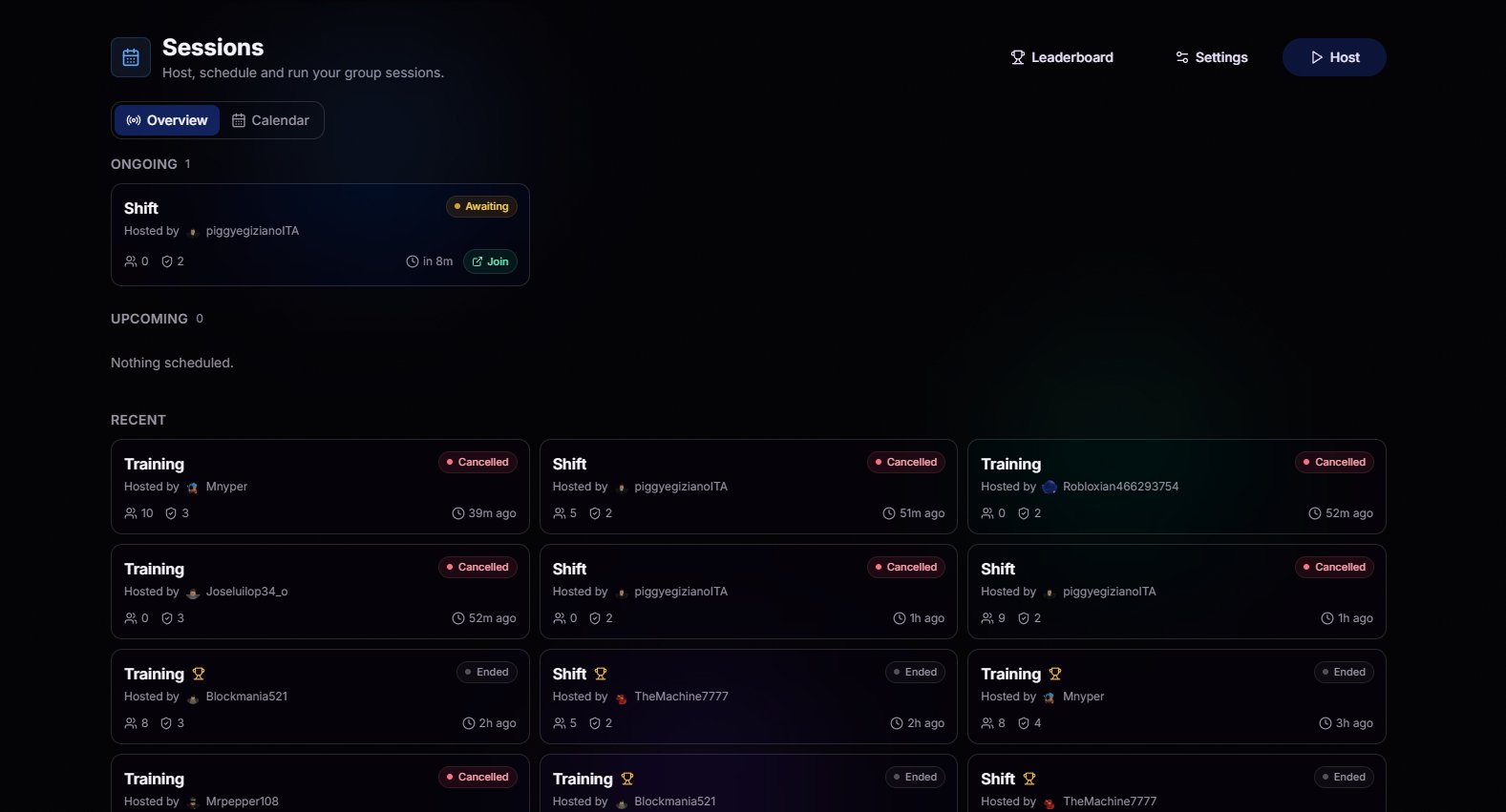 Sessions overview showing ongoing, upcoming, and recent sessions
