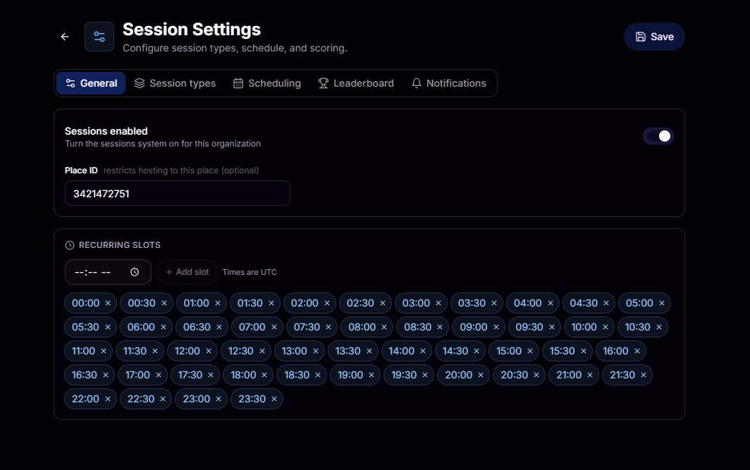 Session Settings General tab with sessions toggle, place ID, and recurring slot chips