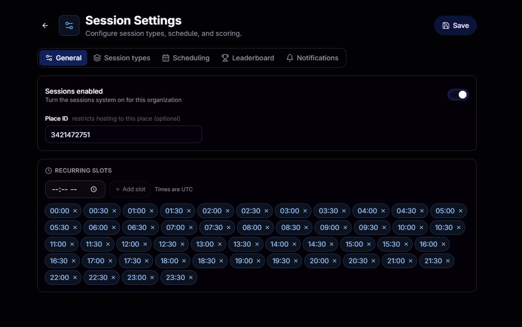 Session Settings General tab with sessions toggle, place ID, and recurring slot chips