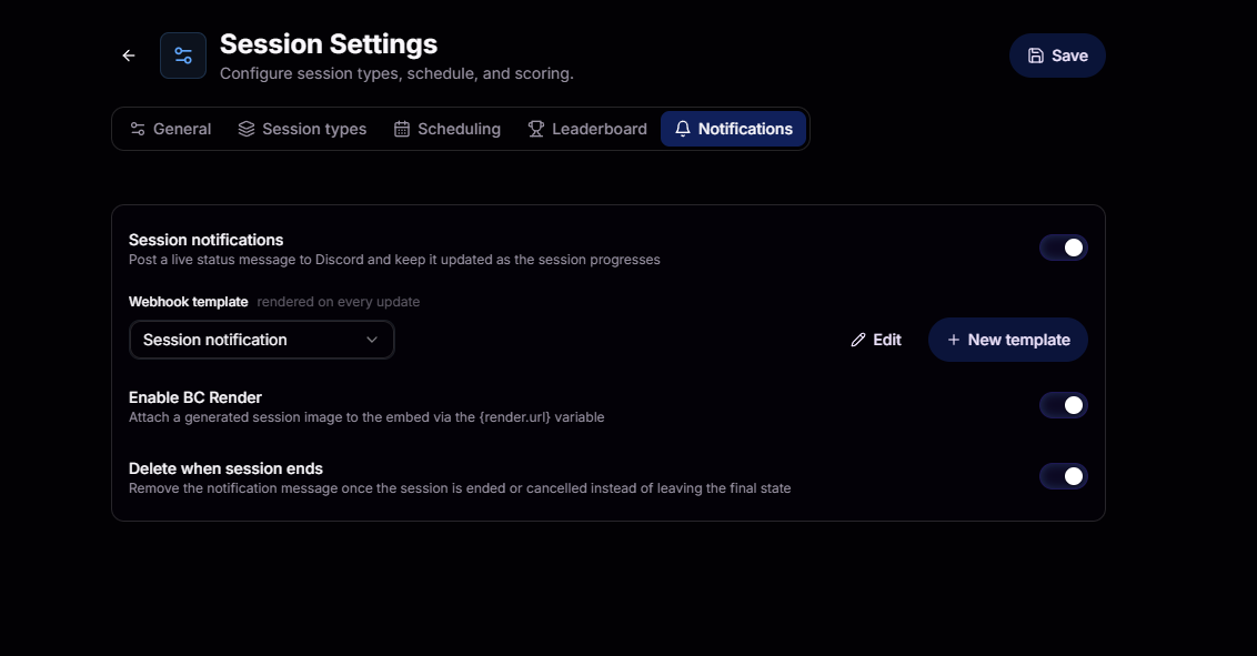 Session notification settings with webhook template selector and BC Render toggle
