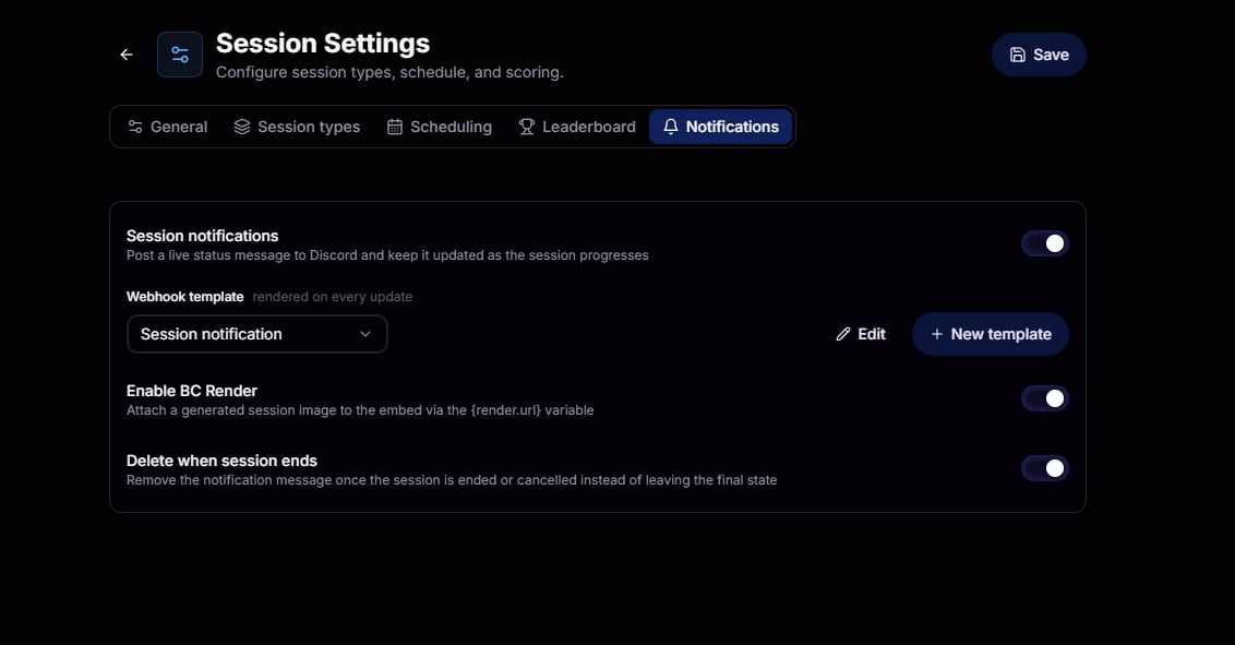 Session notification settings with webhook template selector and BC Render toggle