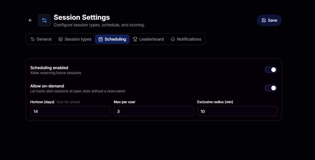Scheduling settings with horizon, max per user, and exclusive radius inputs
