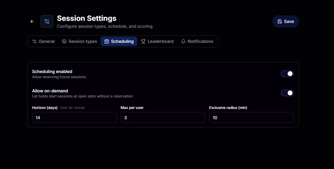 Scheduling settings with horizon, max per user, and exclusive radius inputs