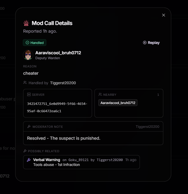 Mod Call Details showing caller, reason, server, nearby users, and moderator note