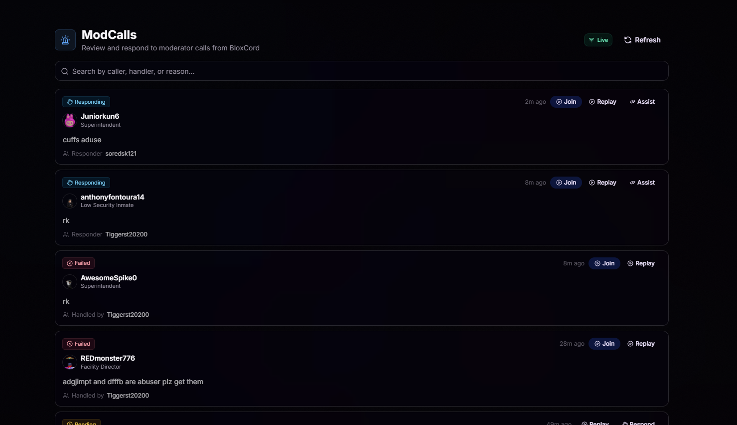 ModCalls live feed showing incoming and handled moderator calls