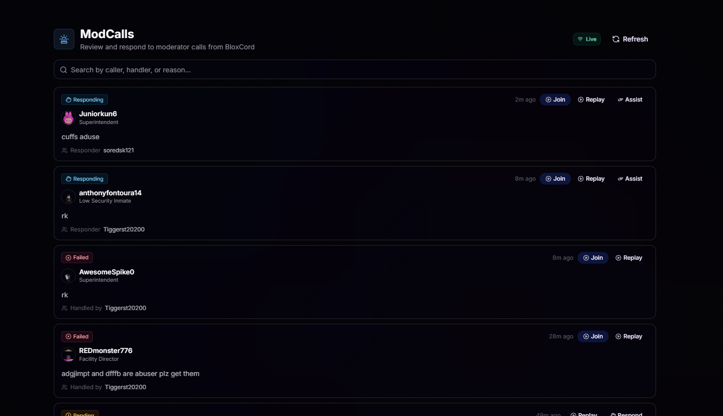 ModCalls live feed showing incoming and handled moderator calls
