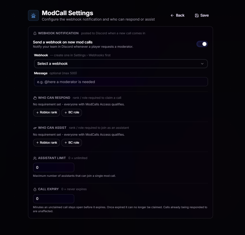 ModCall Settings configuration page