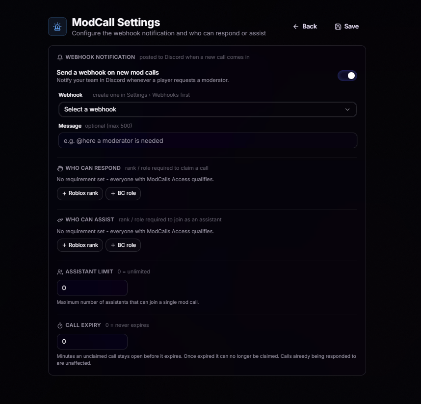 ModCall Settings configuration page