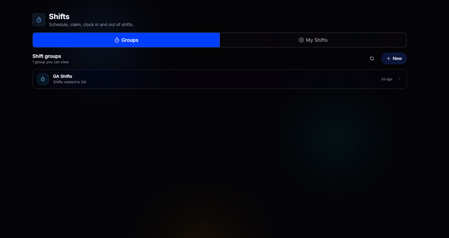 Shifts landing page with groups list
