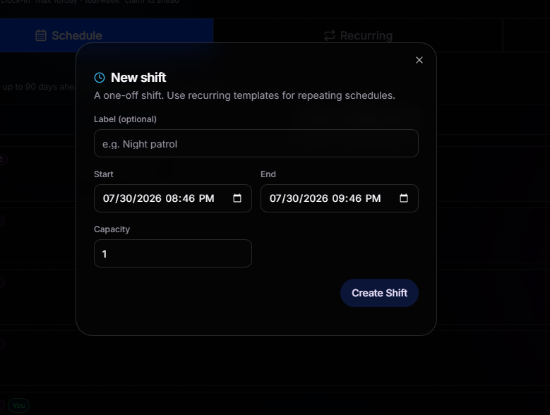 New shift creation modal