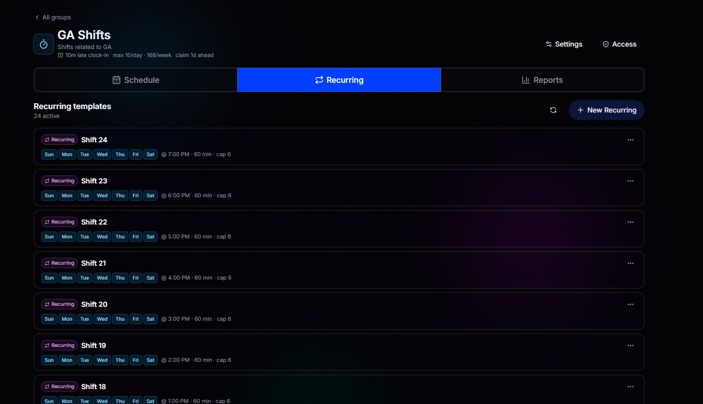 Recurring shift templates