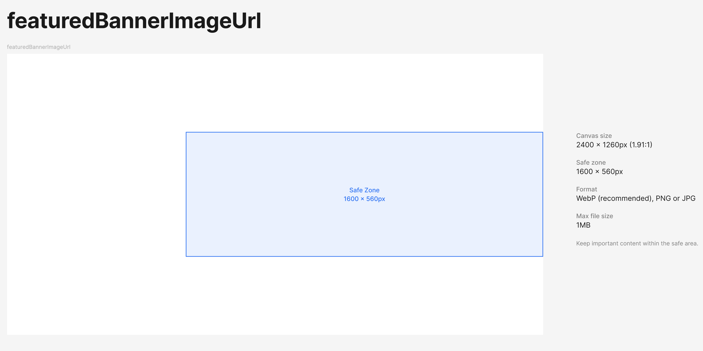 featuredBannerImageUrl safe zone diagram. The canvas is 2400×1260 px (1.91:1) with a centered safe zone of 1600×560 px.