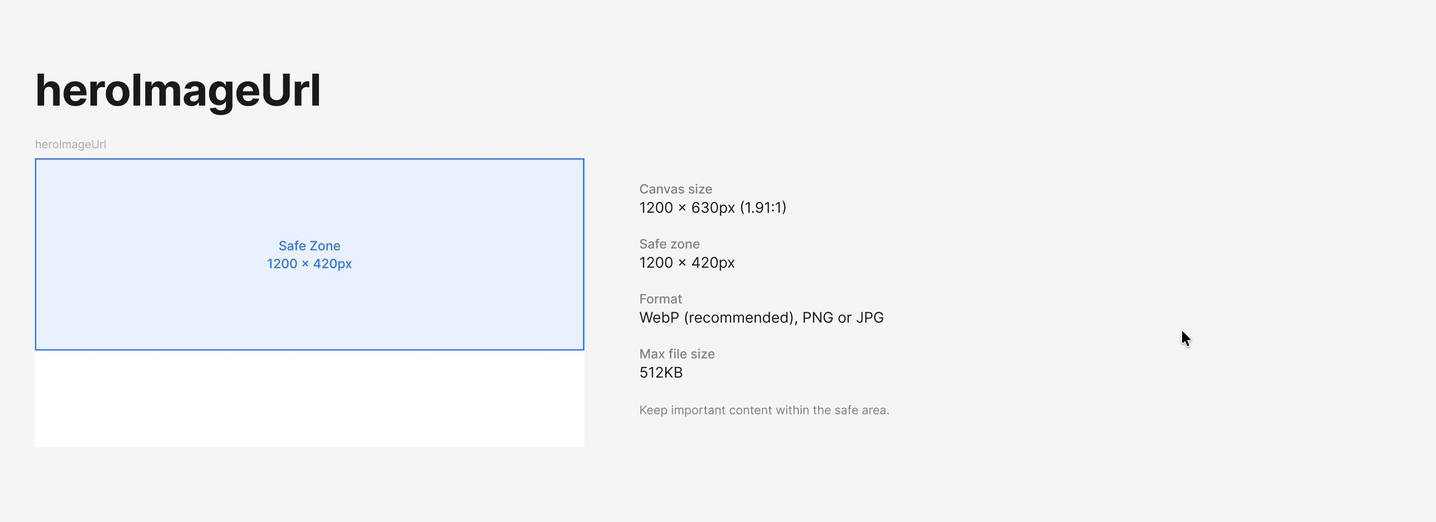 heroImageUrl safe zone diagram. The canvas is 1200×630 px (1.91:1) with a vertically centered safe zone of 1200×420 px.