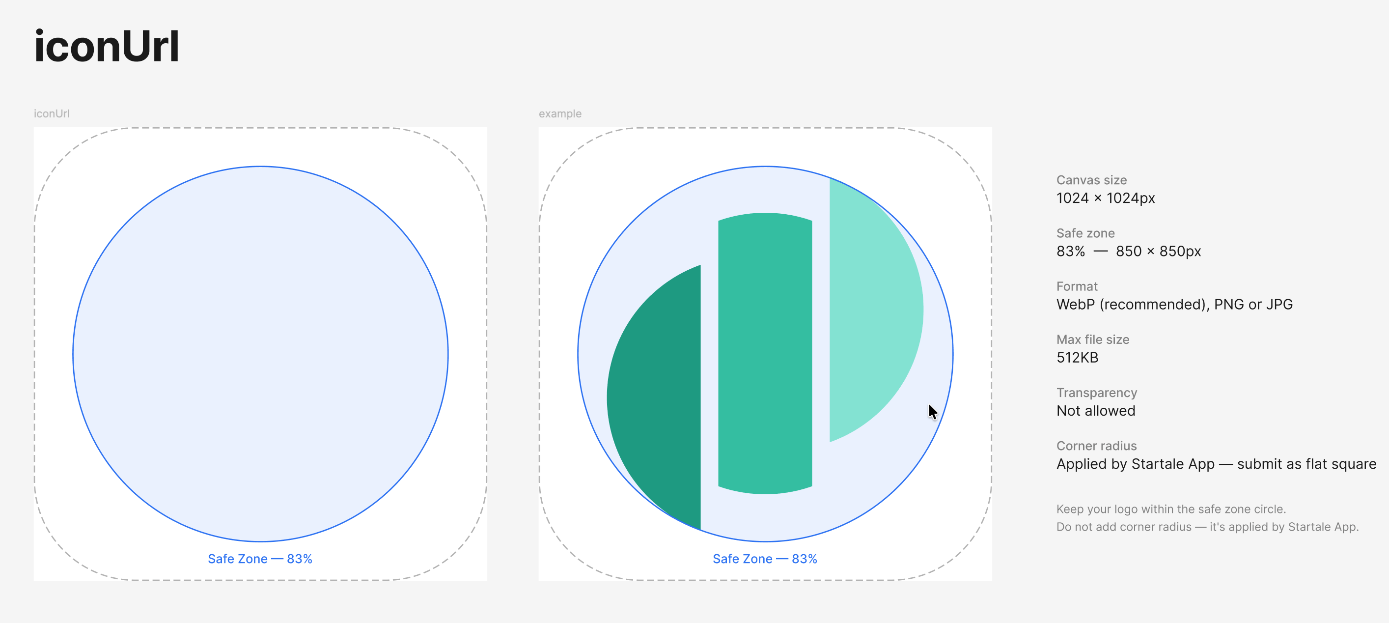 iconUrl safe zone diagram. The icon canvas is 1024×1024 px with a centered safe zone circle at 83% (850×850 px). Logos must stay inside the safe zone circle.
