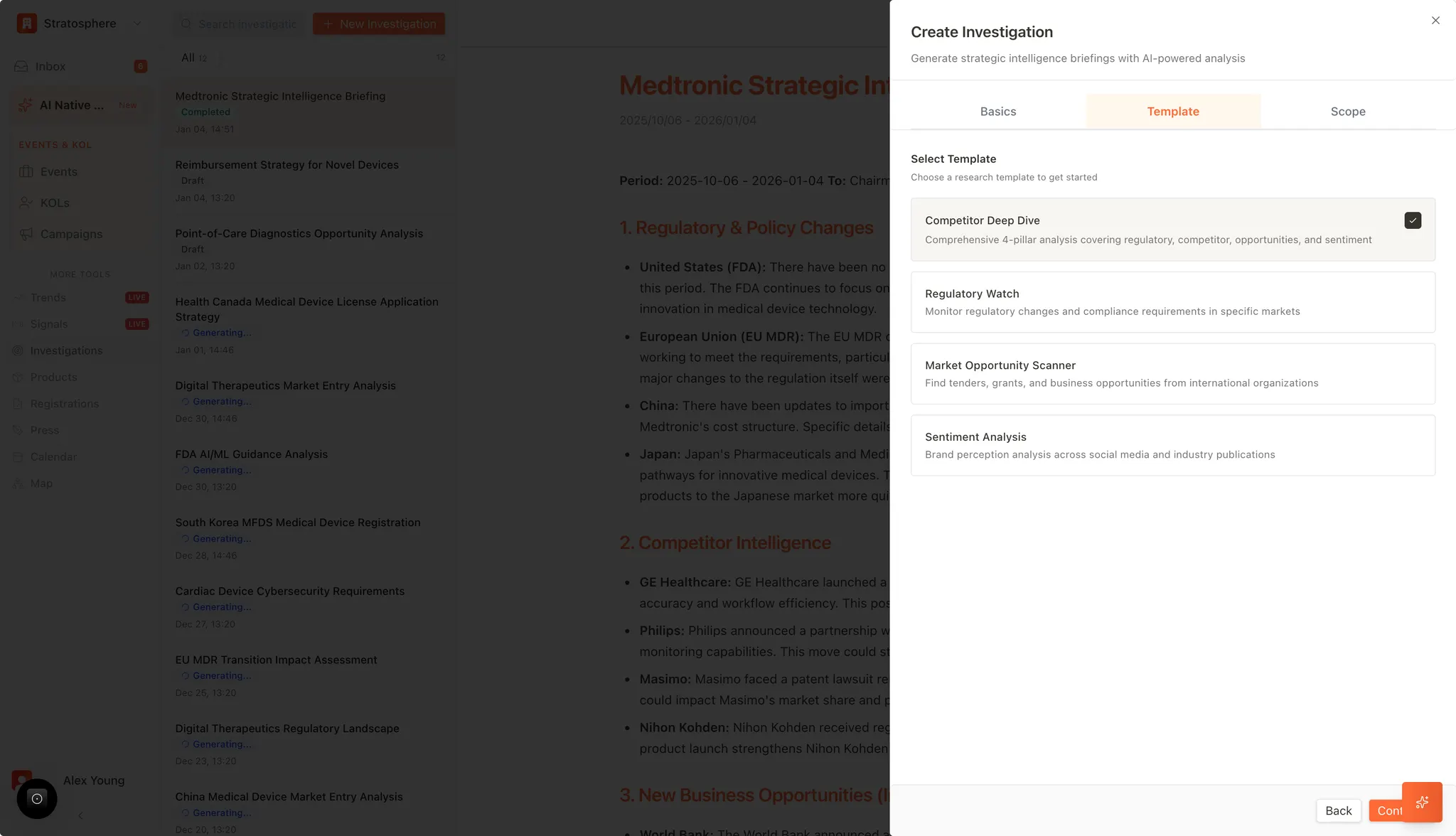 Create investigation flow showing template selection