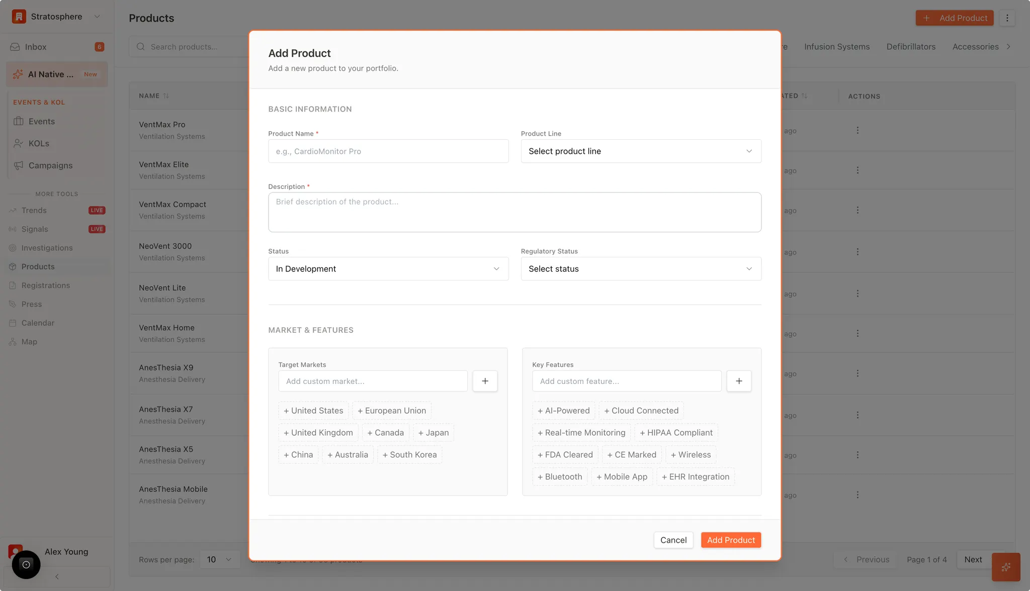 Add product form with product line, markets, and feature tags