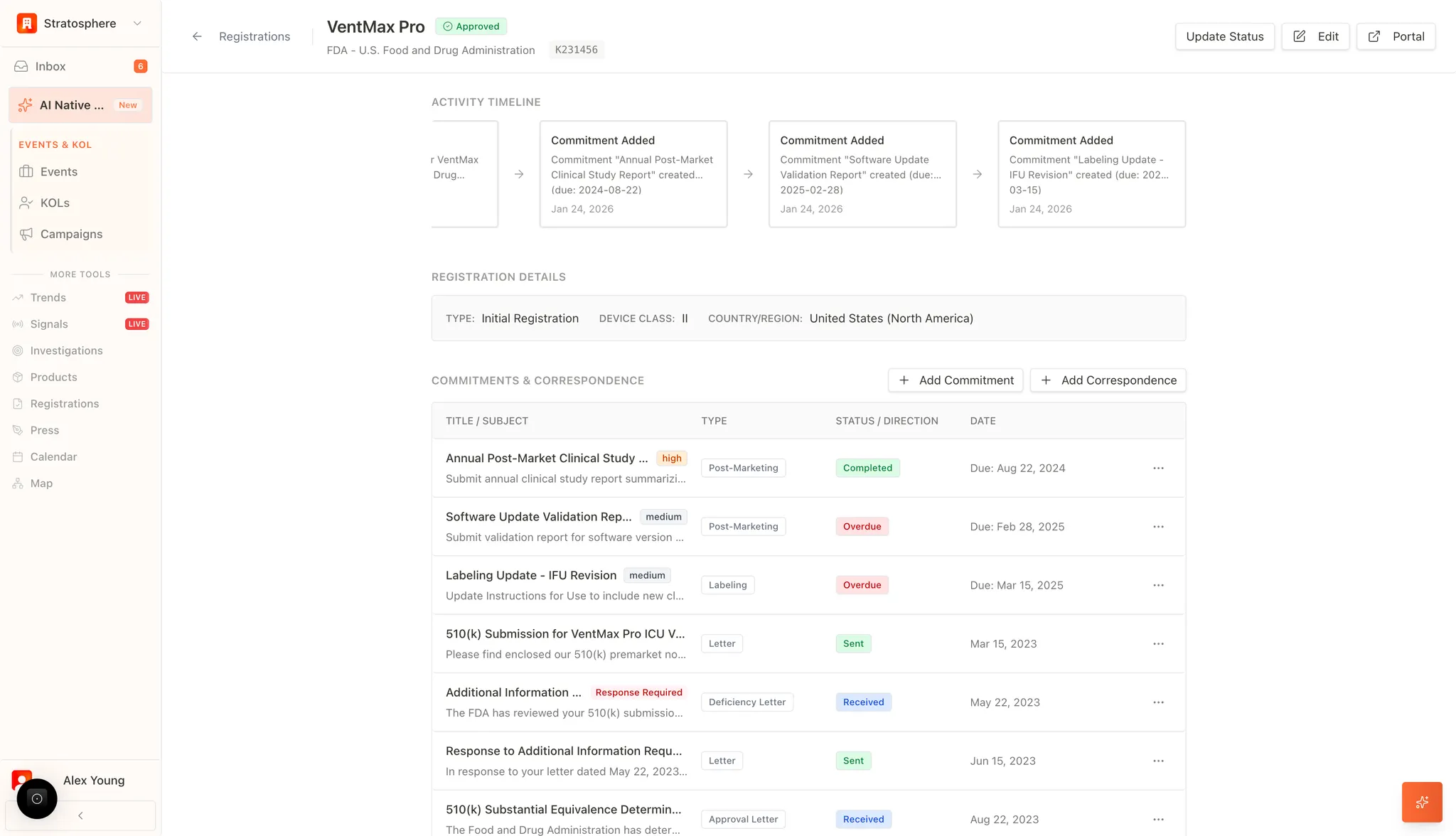 Registration detail page showing timeline and correspondence table