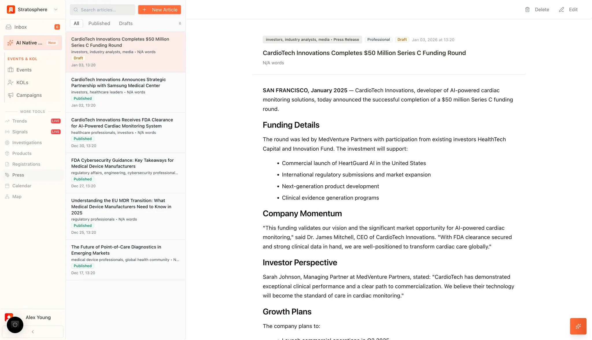 Press and articles library with search, status filters, and drafts