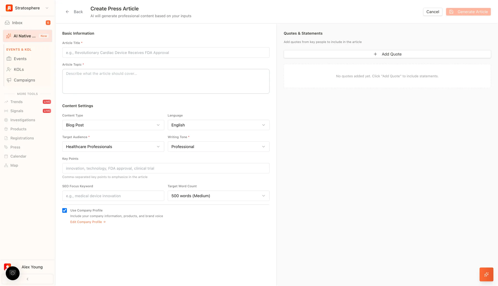 Create article form with topic, audience, tone, and SEO settings