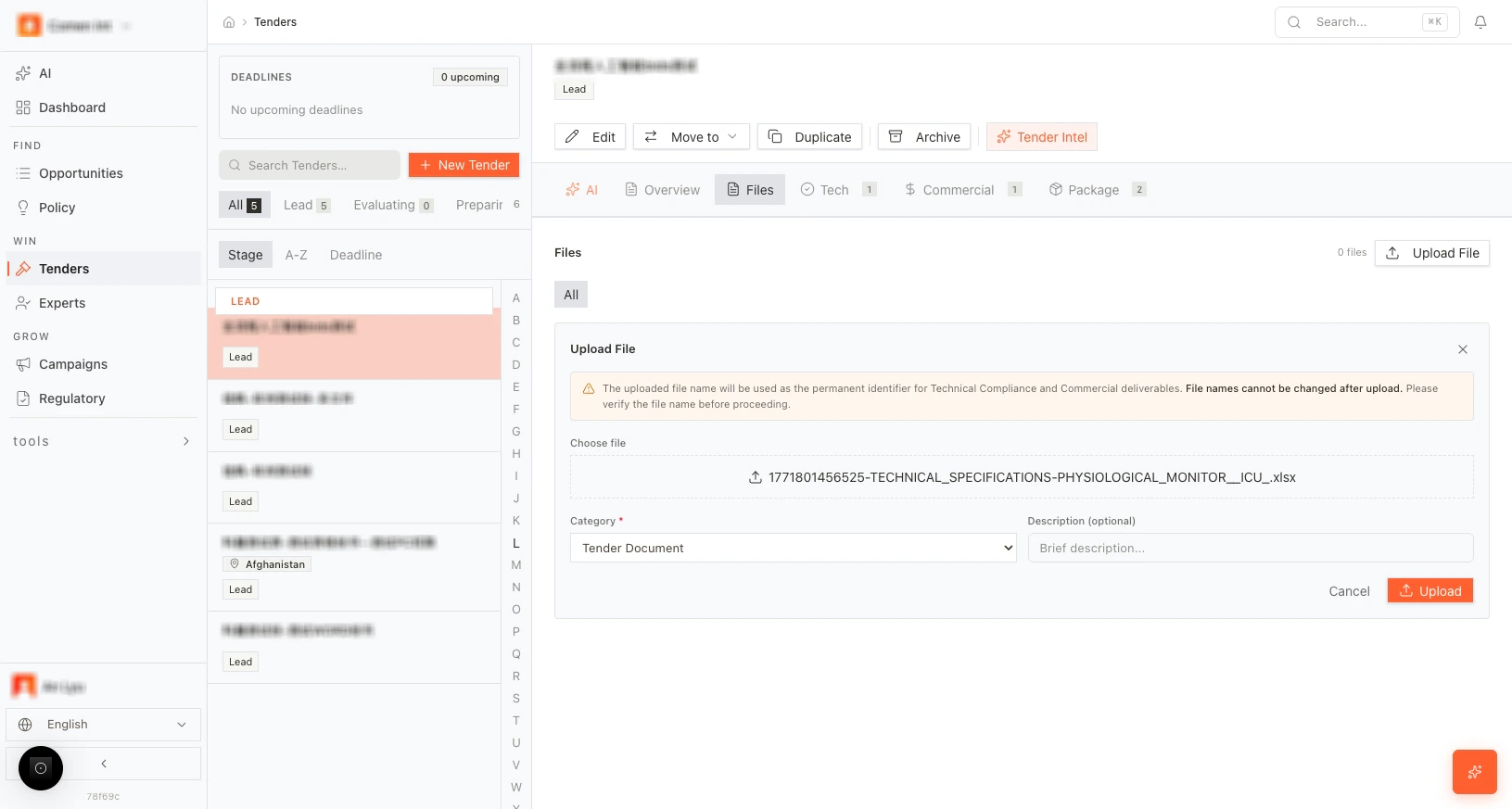 Upload technical documents