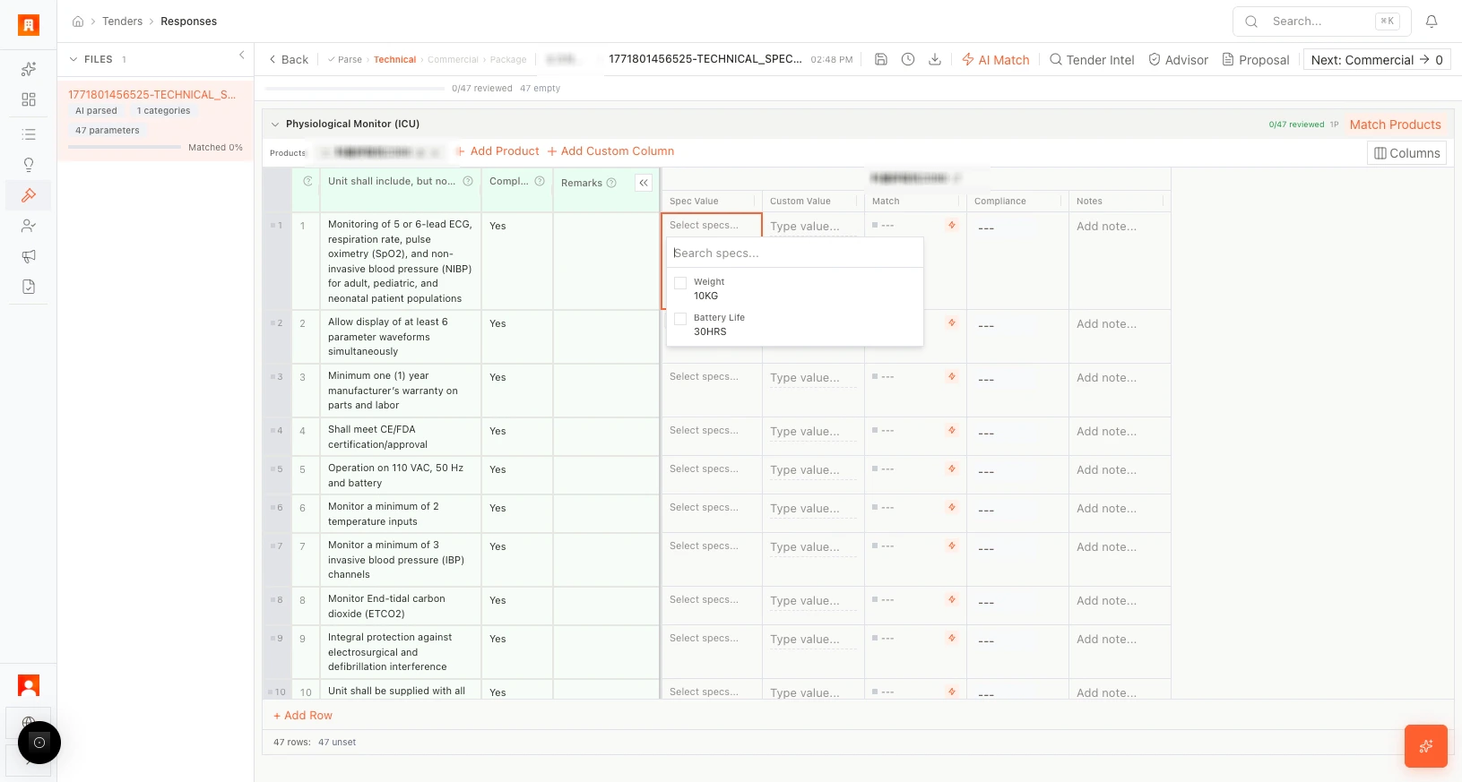 Technical editor: select product parameter