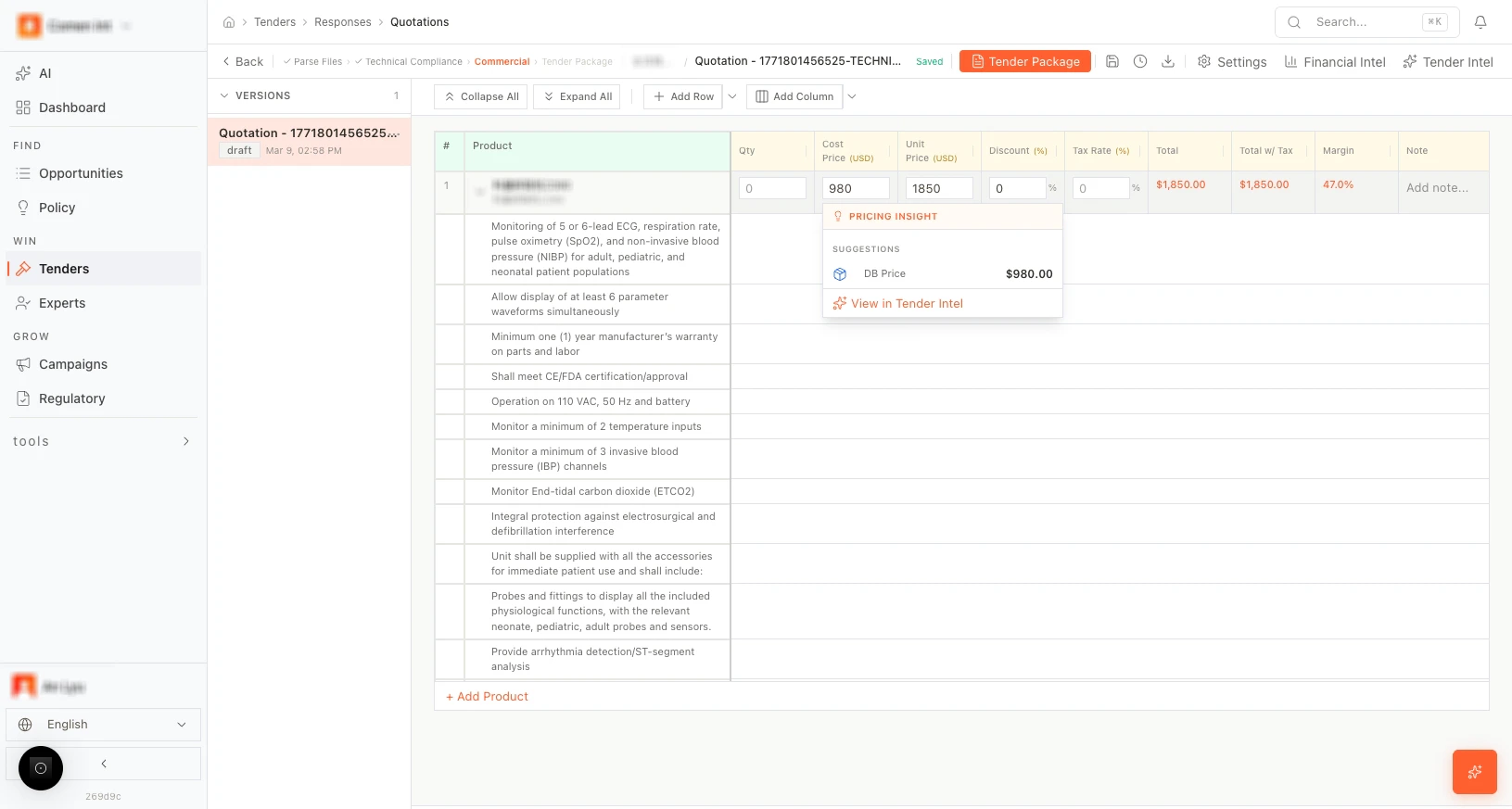 Commercial editor: quotation table