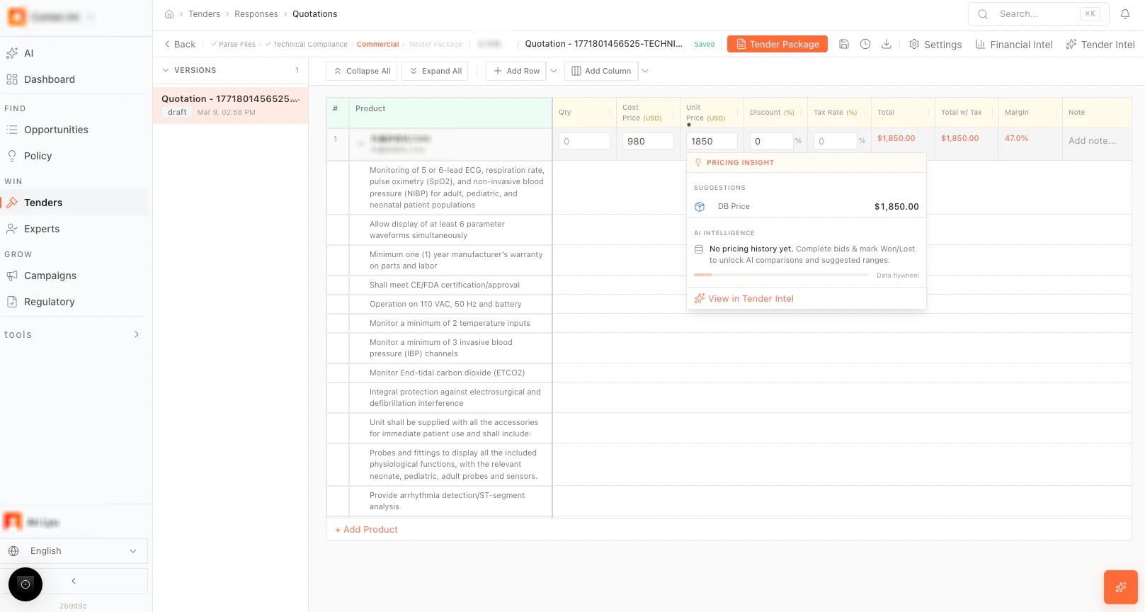 Price suggestions in cells