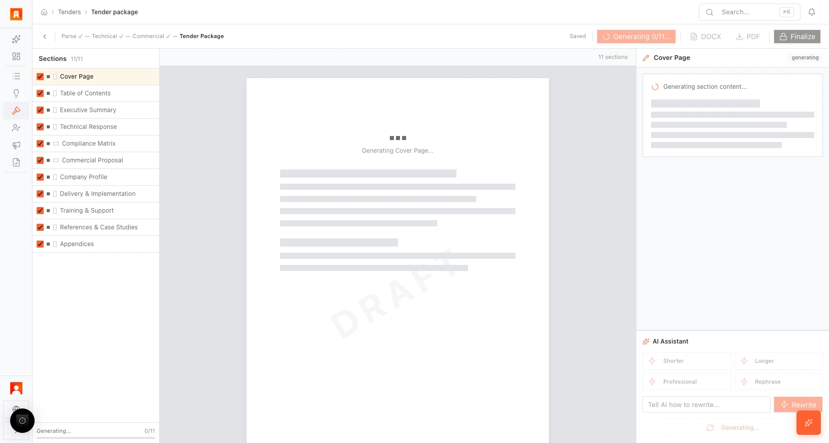 Tender Package: generate all, select sections