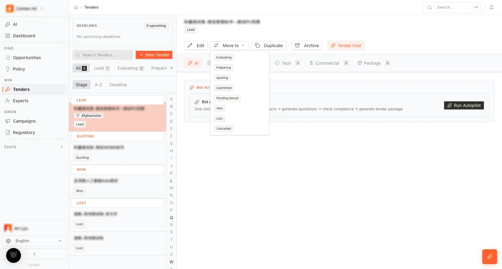 Stage: Move to (Evaluating, Won, Lost, etc.)