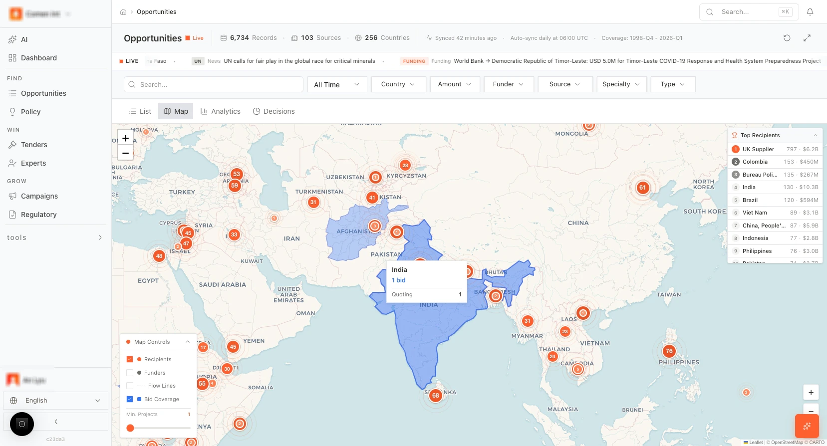 Opportunities map: orange points, blue bid coverage
