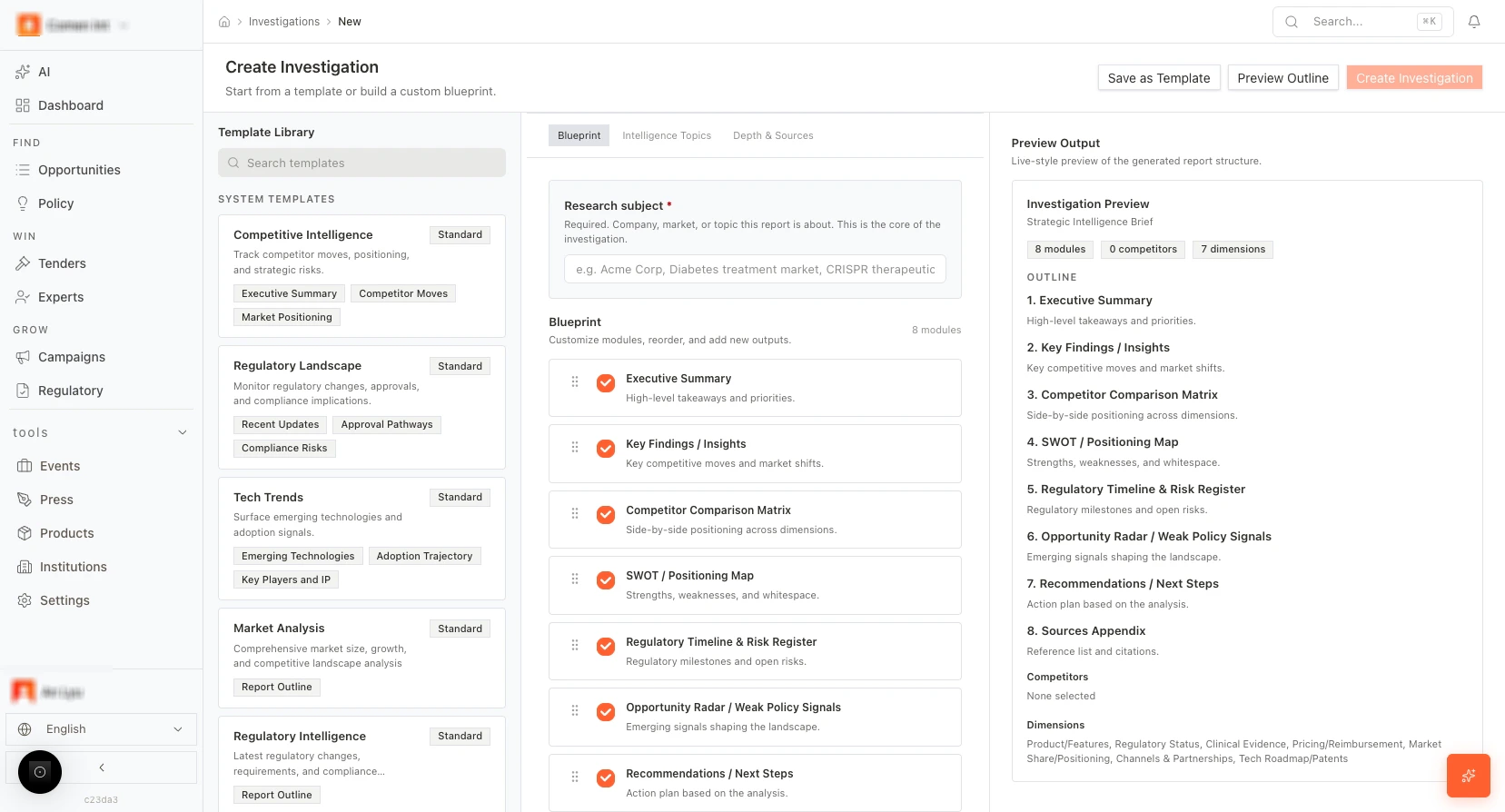 Investigation settings