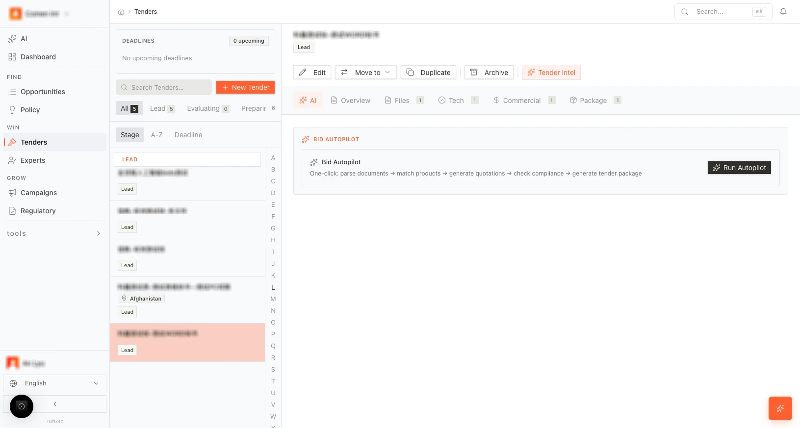 Tender list and stage tabs