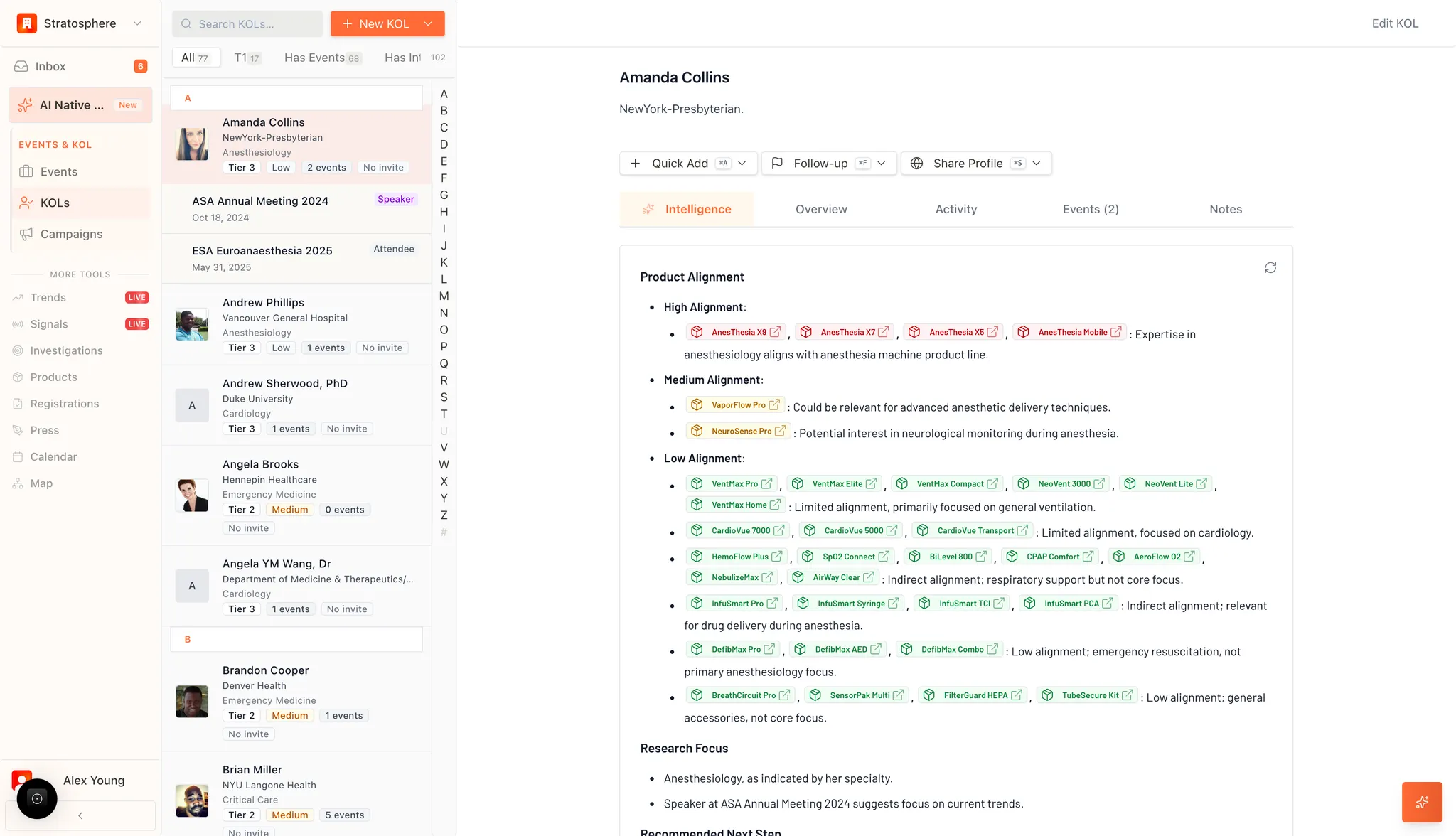 KOL profile view with intelligence insights and navigation tabs