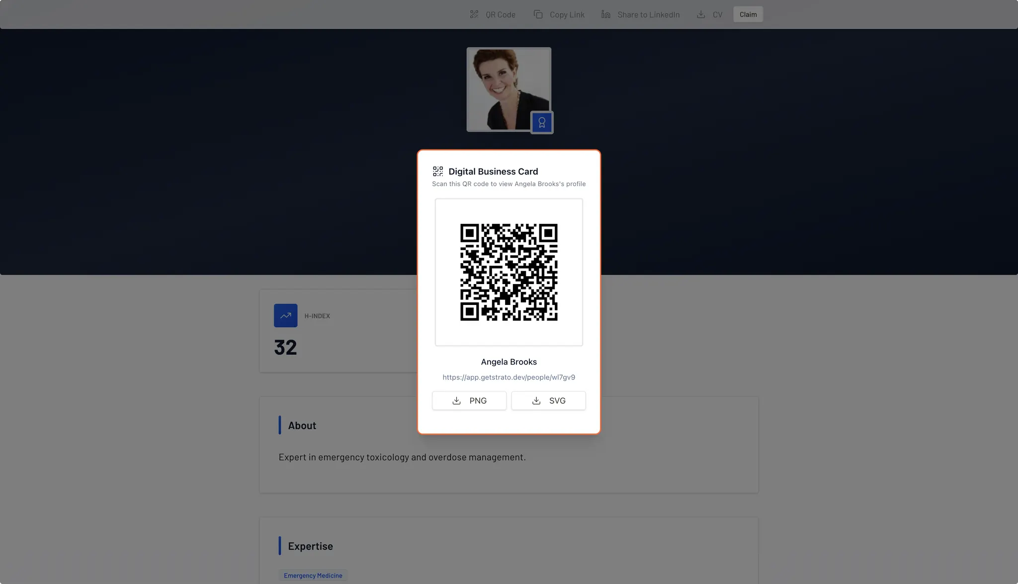 Digital business card with QR code for a KOL profile