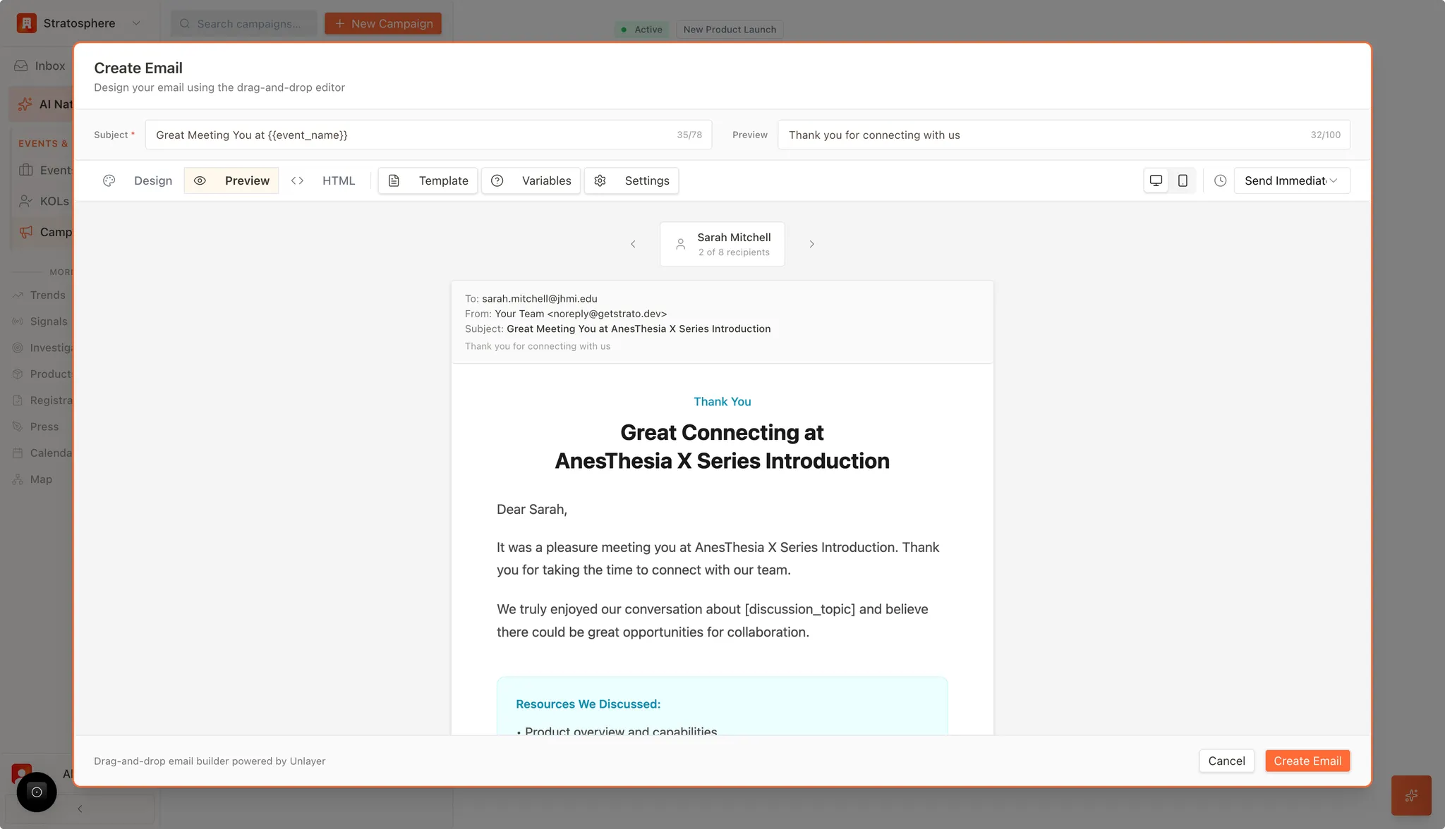 Campaign email editor showing variable settings