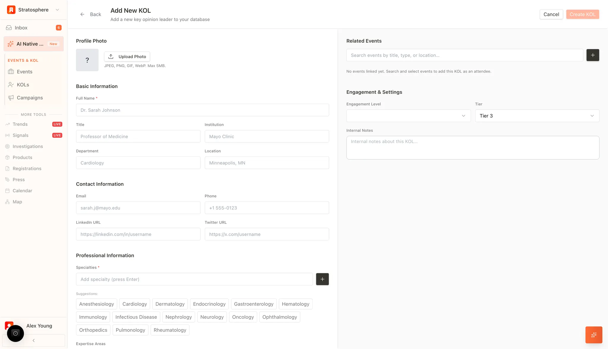 Create KOL form with profile, contact, expertise, and tiering fields