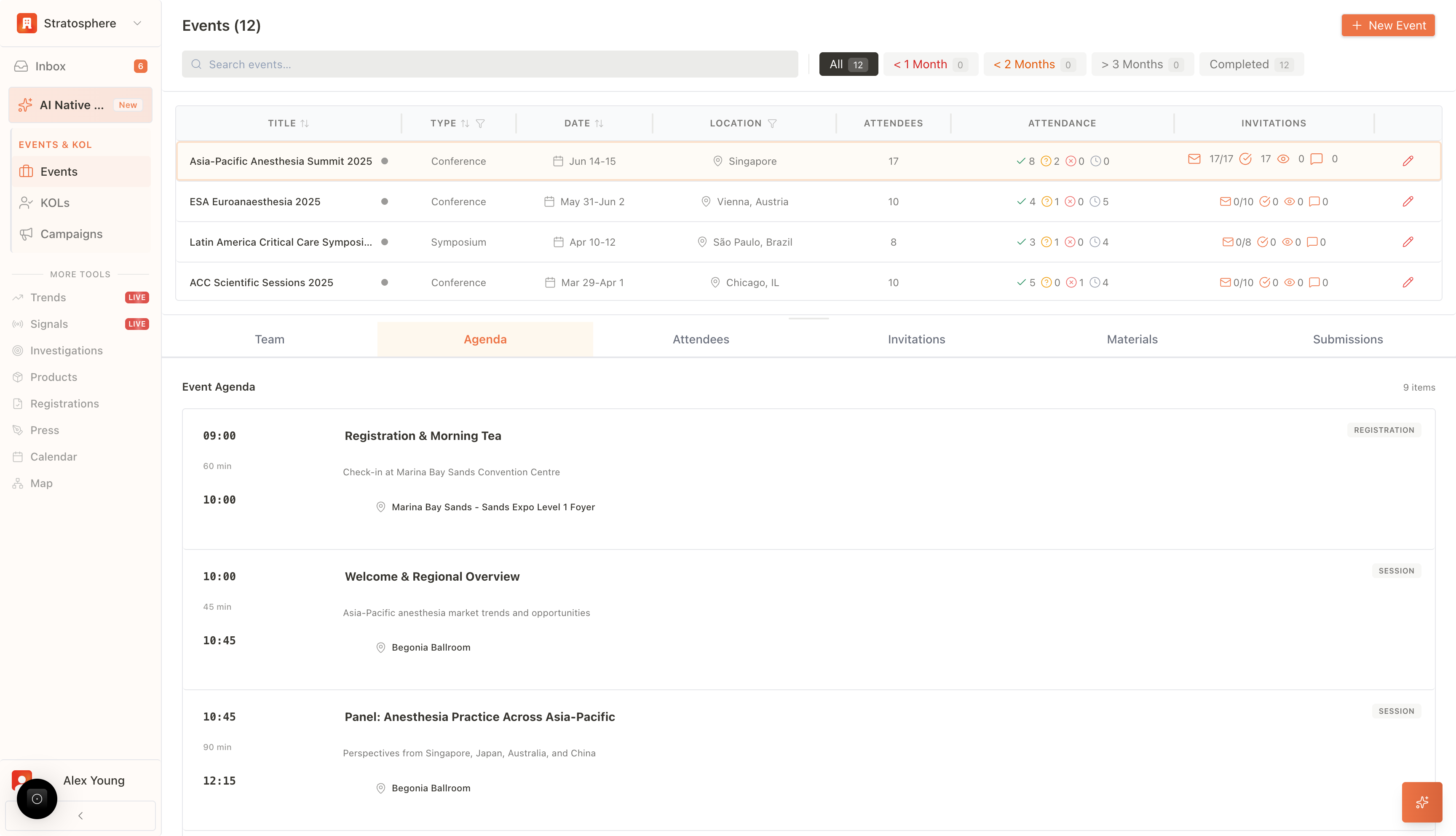 Event details view with tabs for attendees, agenda, invitations, and more