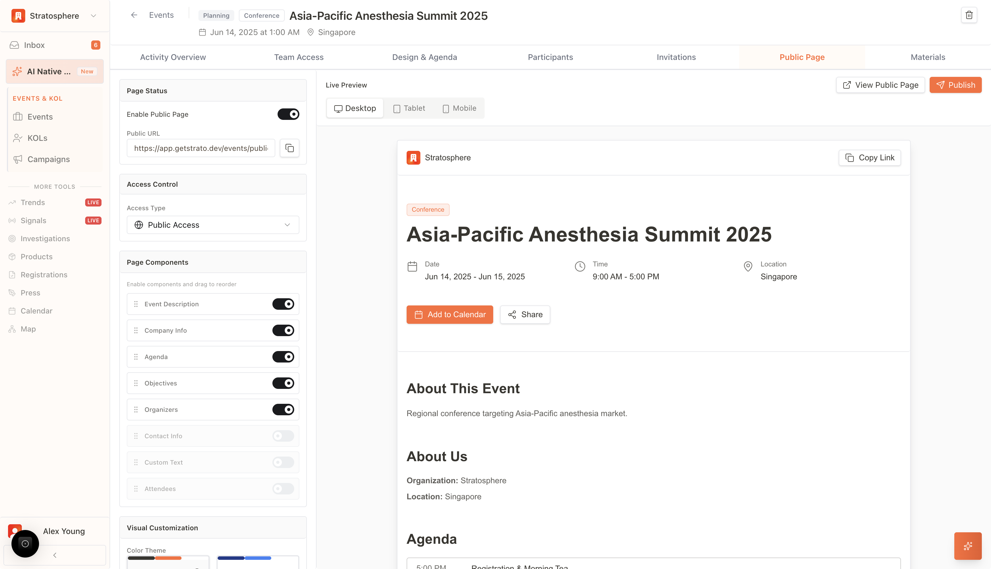 Public sharing section showing the public event page link and controls