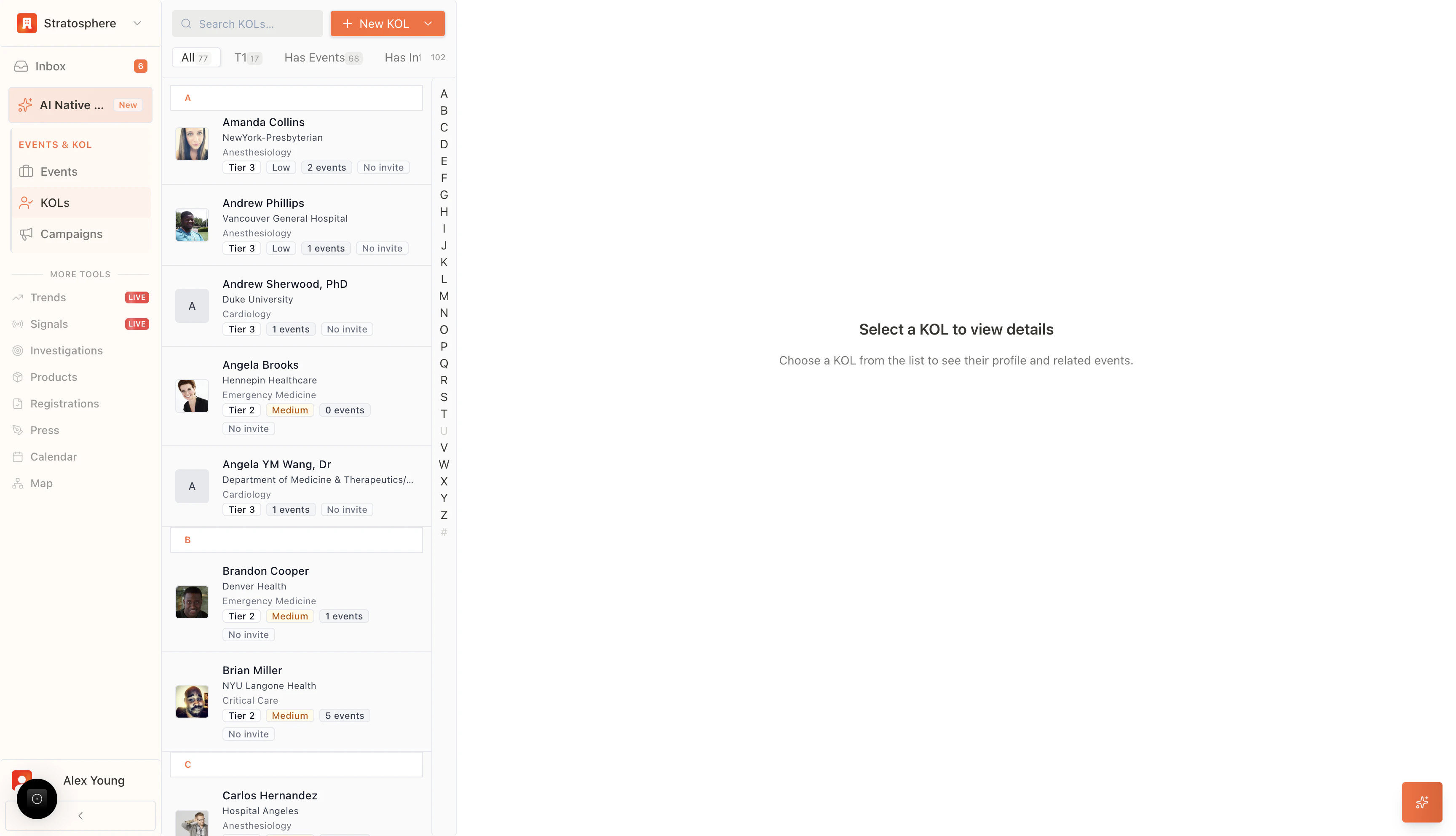 KOL management list with search, filters, and profile cards