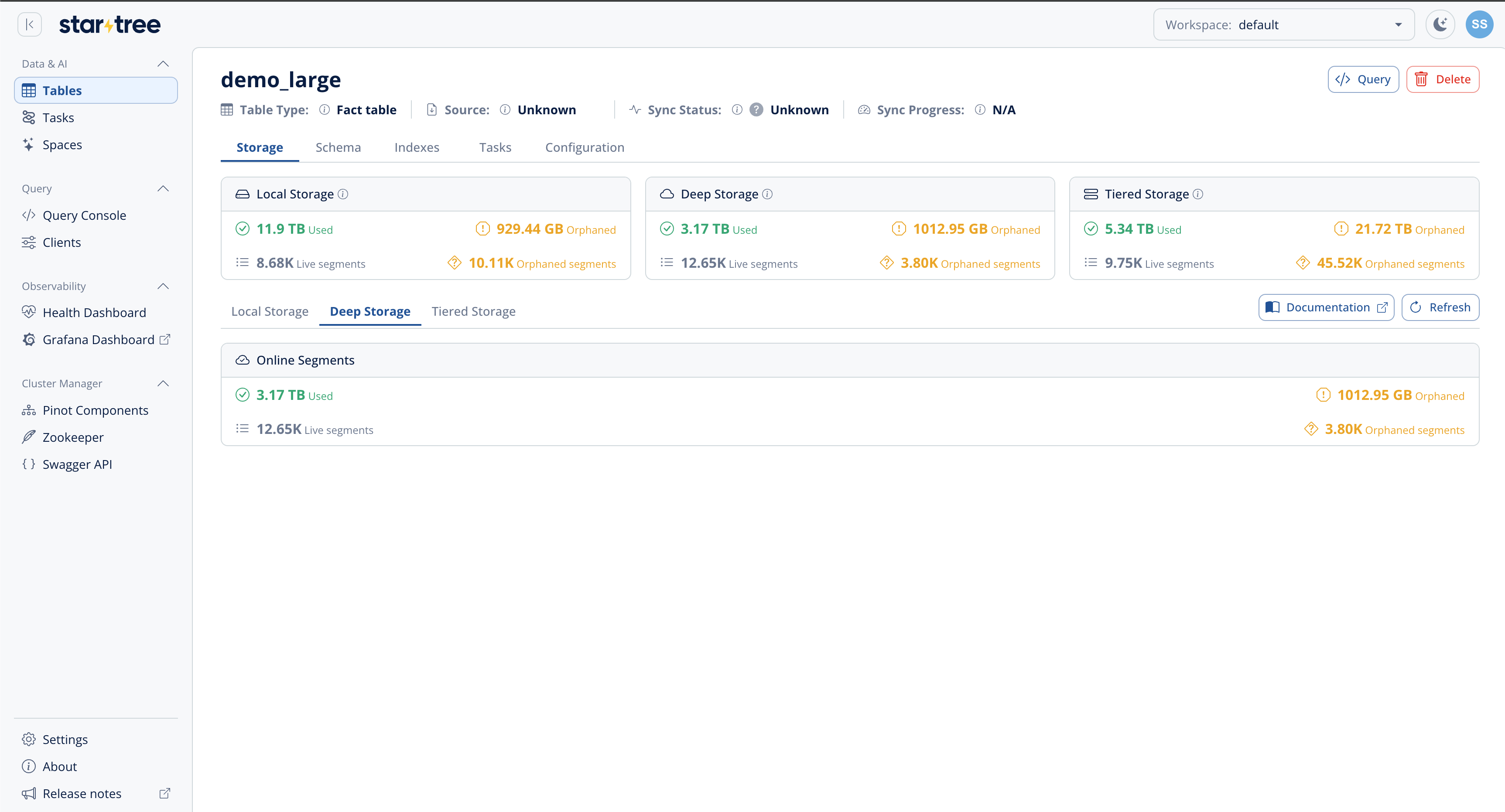 Deep Storage tab in the Data Portal