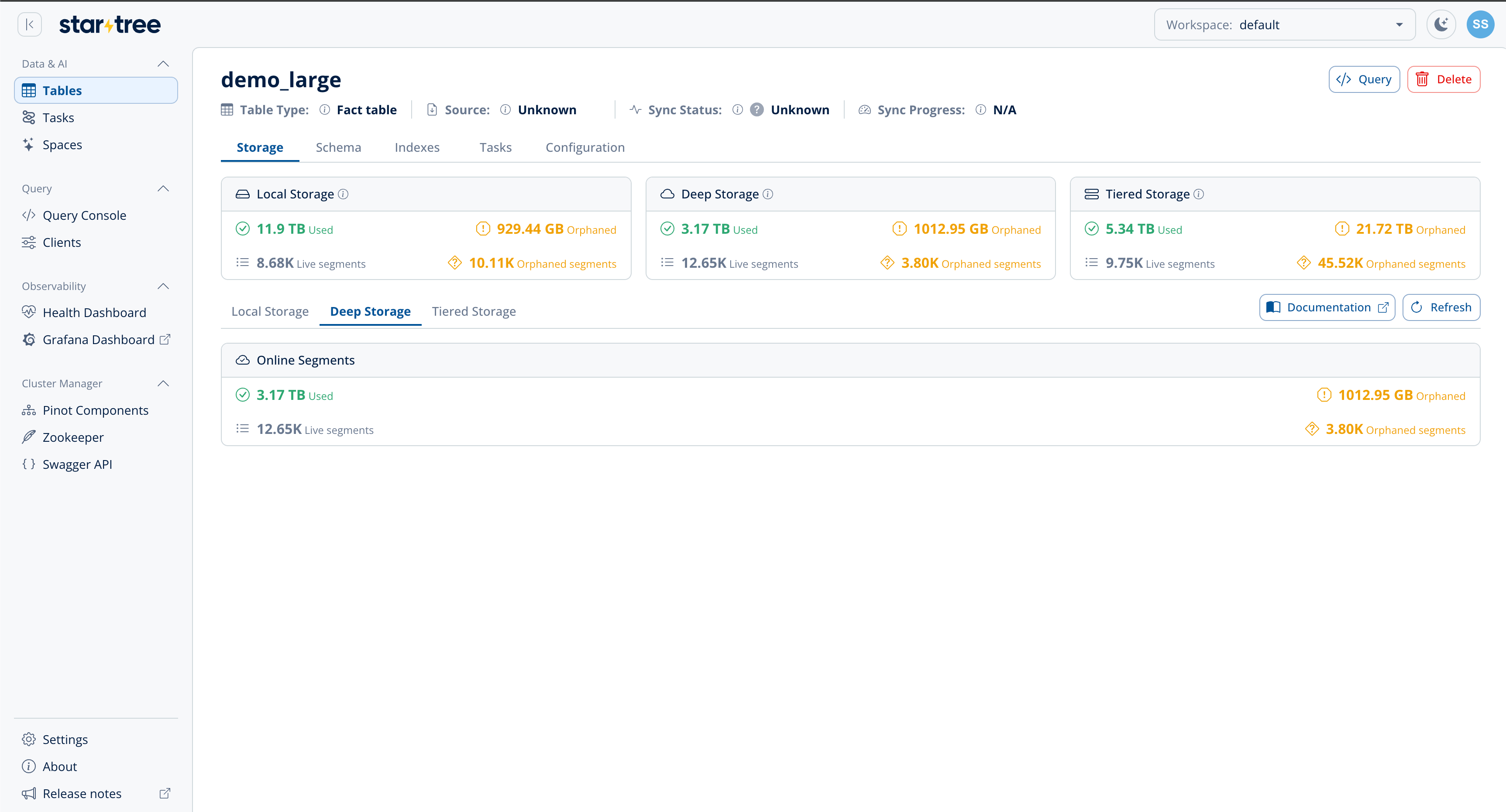 Deep Storage tab in the Data Portal