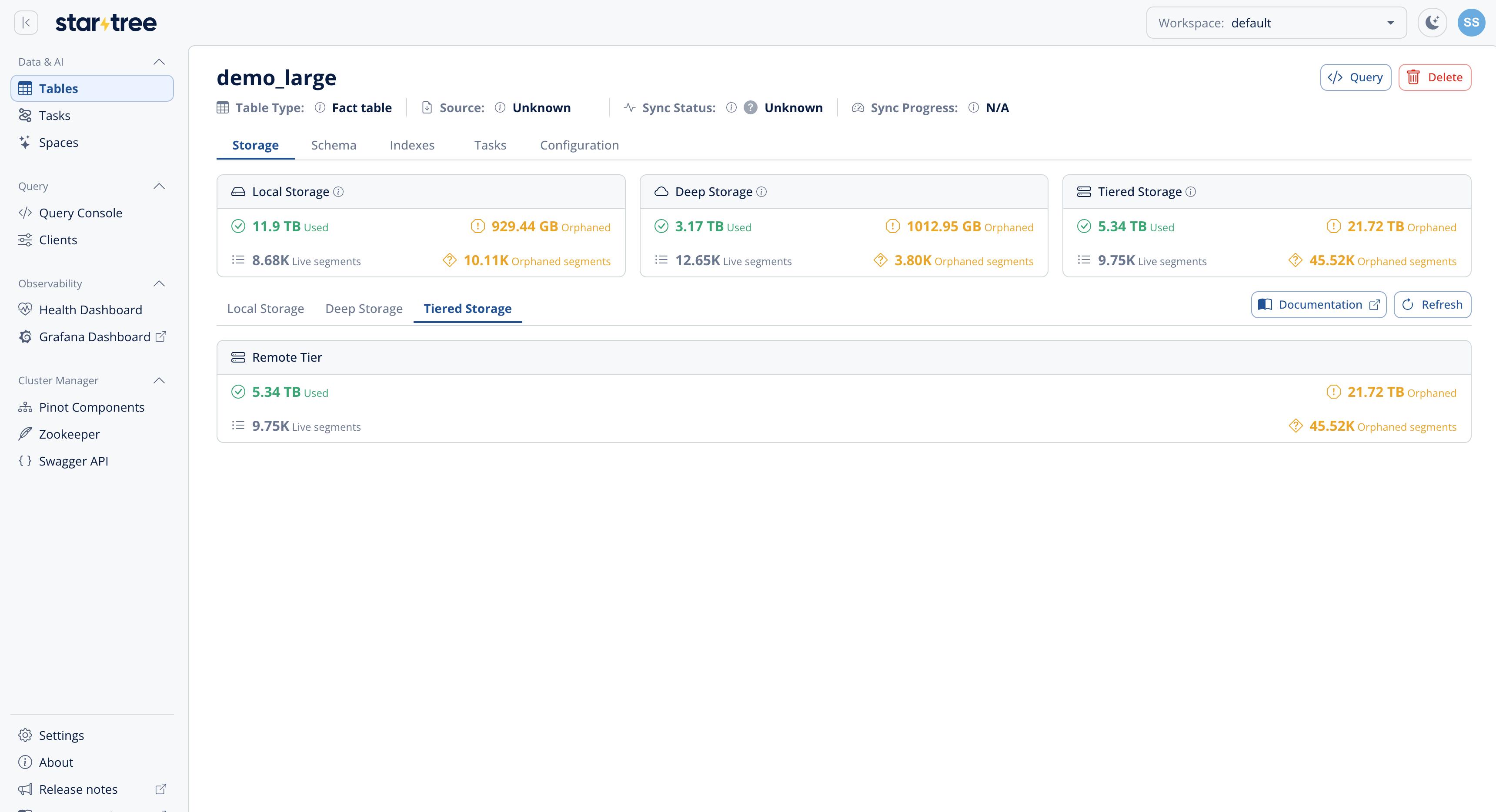 Tiered Storage tab in the Data Portal