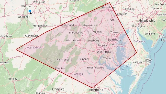 A polygon covering an area from Delaware to West Virginia