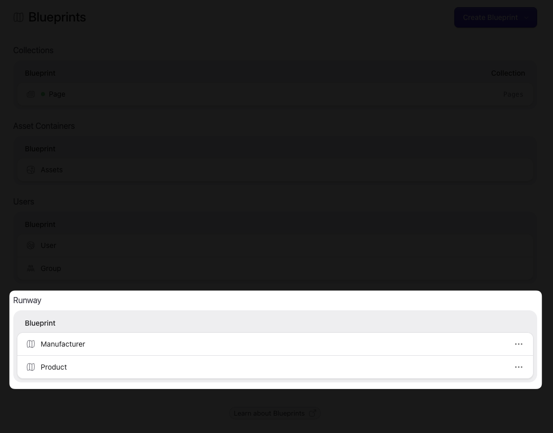 Runway blueprints in the Control Panel