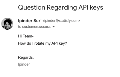 A customer email titled Question Regarding API keys sent to the company support address