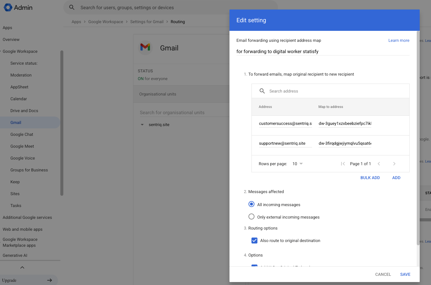 Google Admin Gmail routing dialog mapping a support address to the Statisfy forwarding address, with All incoming messages and Also route to original destination selected